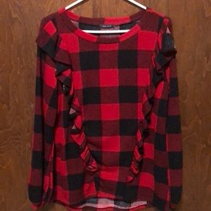 Buffalo plaid ruffled long sleeve shirt